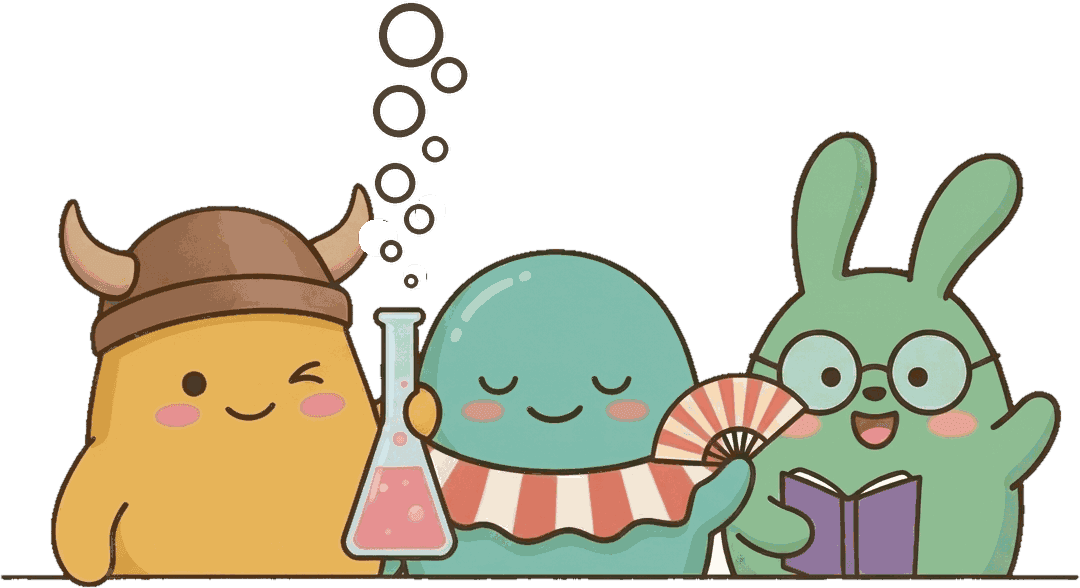 Os personagens da ValeLab: um viking piscando, um frasco borbulhando, o personagem do leque e um coelho de óculos acenando